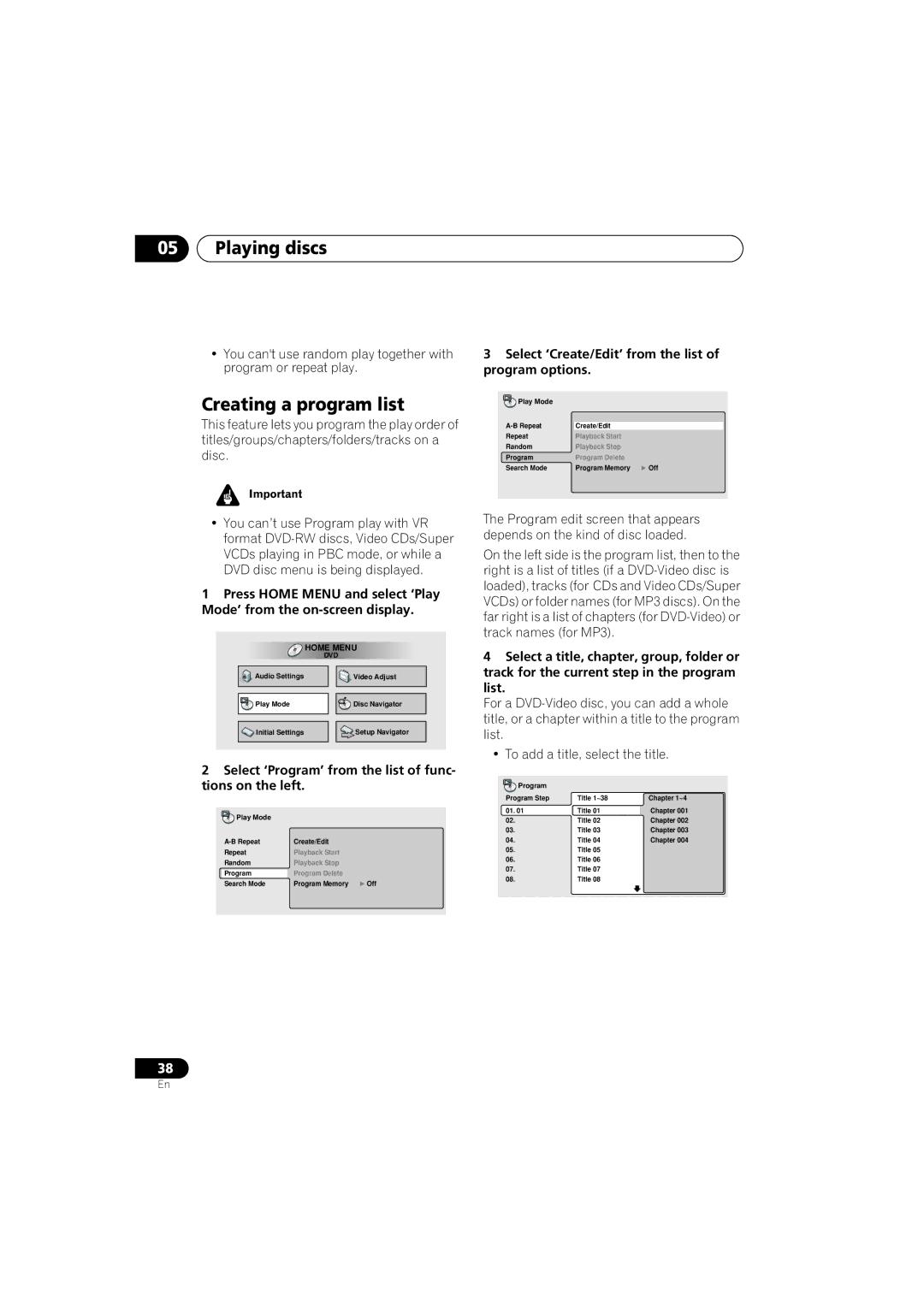 Pioneer DV-566K-s operating instructions Creating a program list, Select ‘Program’ from the list of func- tions on the left 