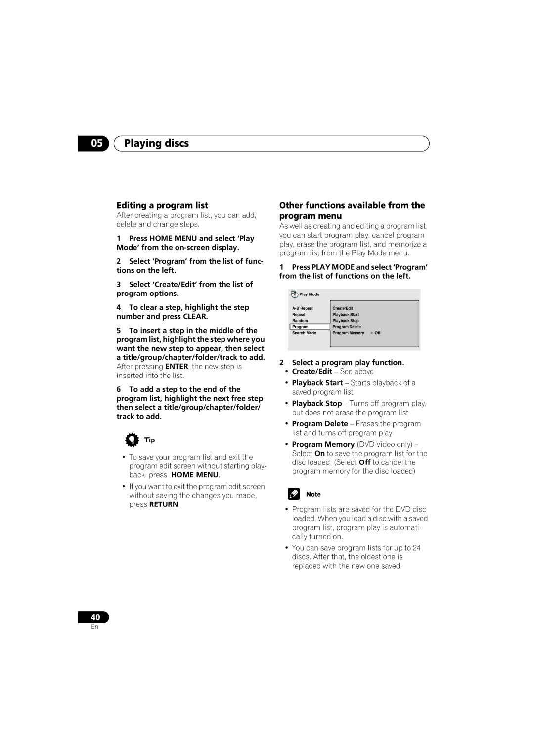 Pioneer DV-566K-s operating instructions Editing a program list, Other functions available from the program menu 