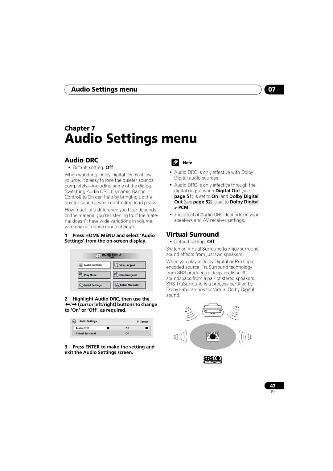 Pioneer DV-566K-s Audio Settings menu Chapter, Audio DRC, Virtual Surround, To ‘On’ or ‘Off’, as required 