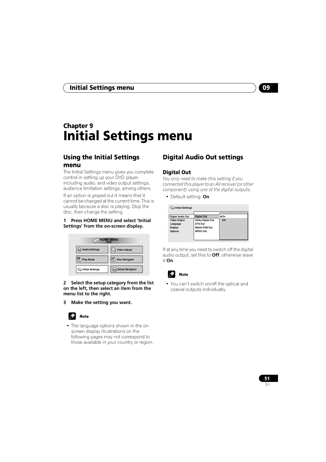 Pioneer DV-566K-s Initial Settings menu Chapter, Using the Initial Settings menu, Digital Audio Out settings 