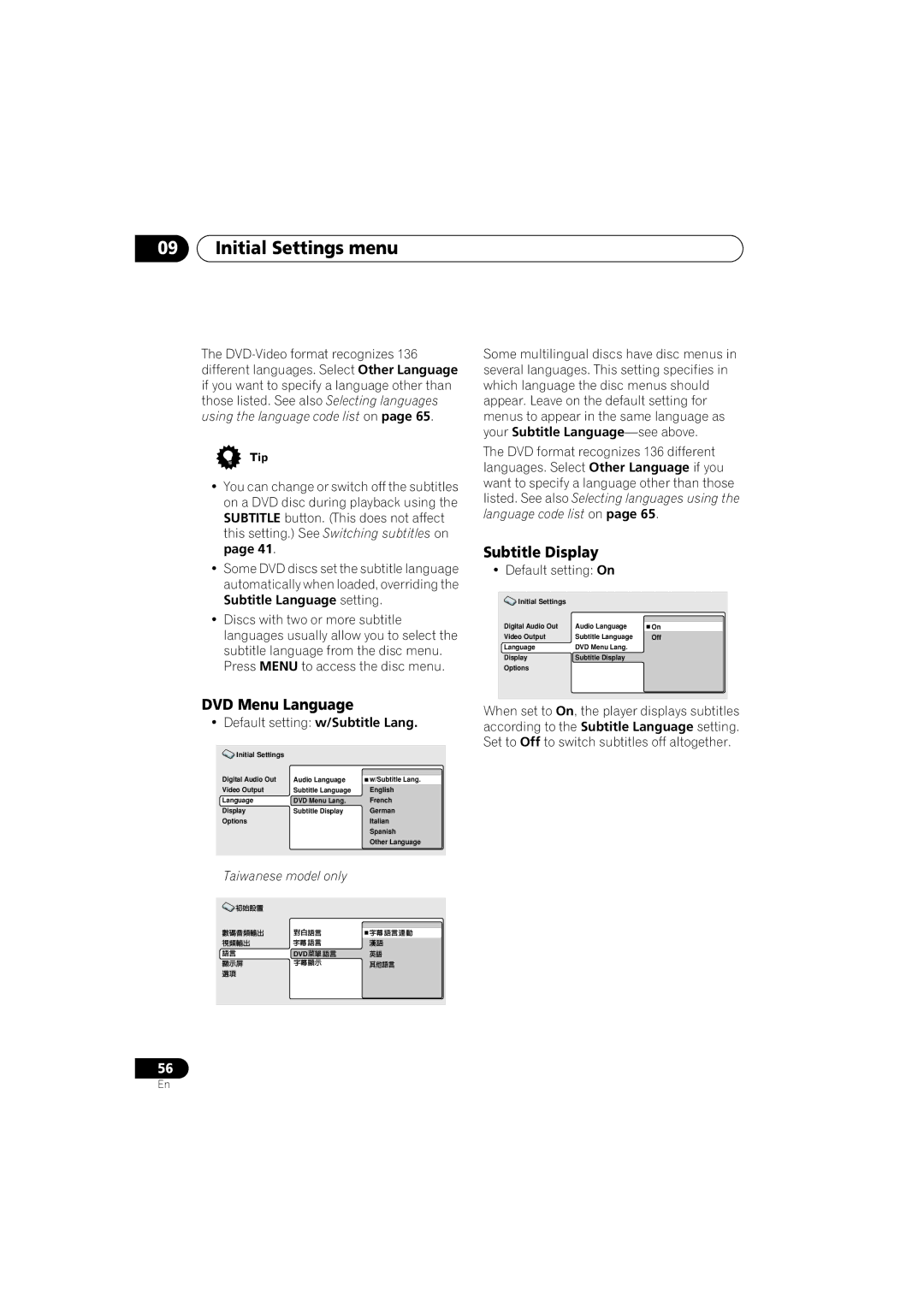 Pioneer DV-566K-s operating instructions DVD Menu Language, Subtitle Display, Default setting w/Subtitle Lang 