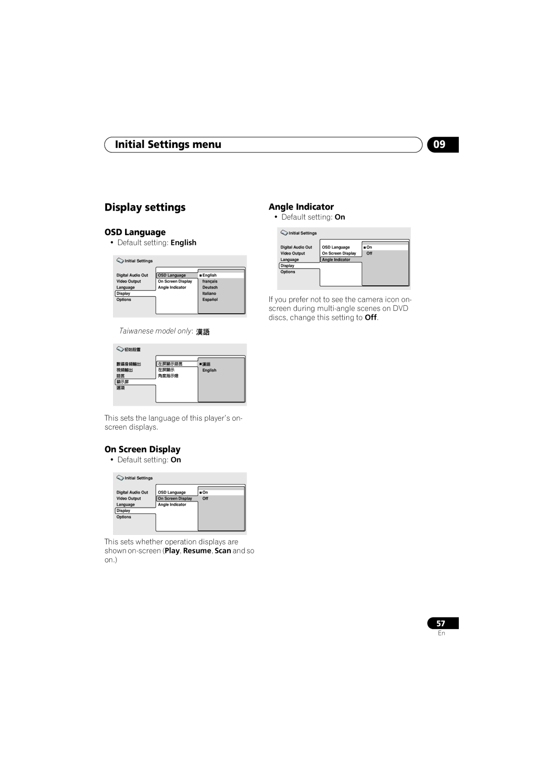 Pioneer DV-566K-s Initial Settings menu Display settings, OSD Language, Angle Indicator, On Screen Display 