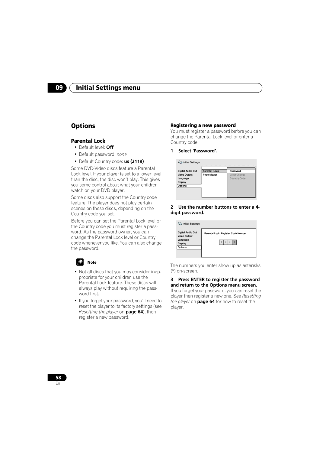 Pioneer DV-566K-s Initial Settings menu Options, Parental Lock, Registering a new password, Select ‘Password’ 