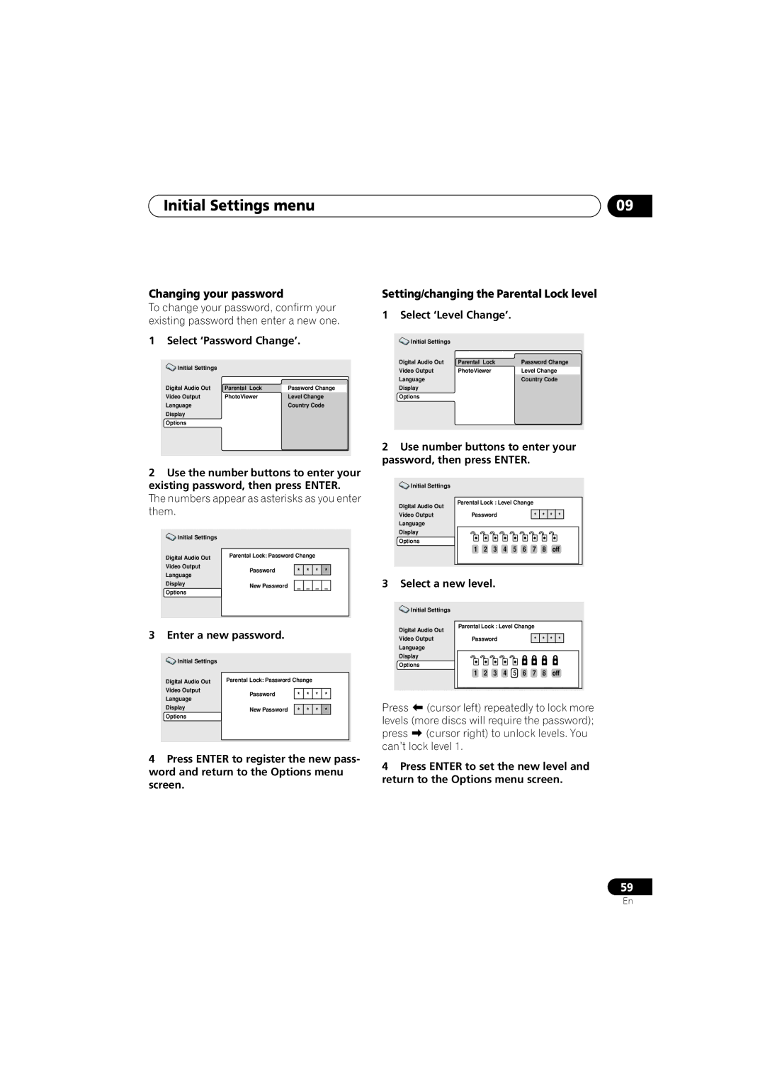 Pioneer DV-566K-s Changing your password, Setting/changing the Parental Lock level, Select ‘Password Change’ 