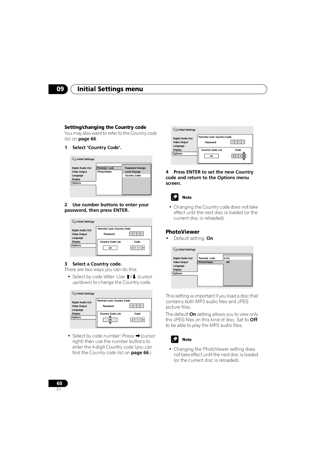 Pioneer DV-566K-s PhotoViewer, Setting/changing the Country code, Select ‘Country Code’, Select a Country code 