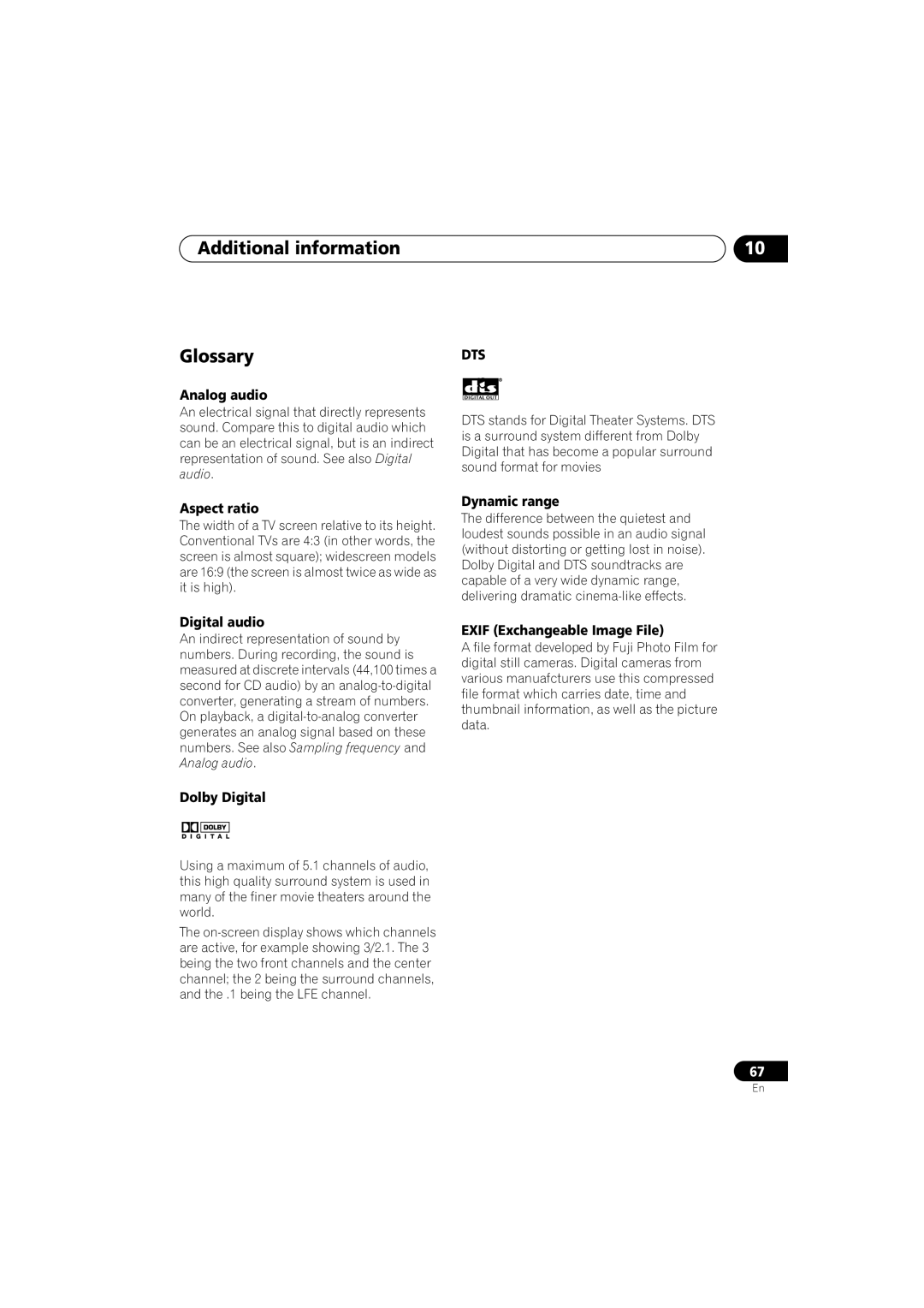 Pioneer DV-566K-s operating instructions Additional information Glossary 