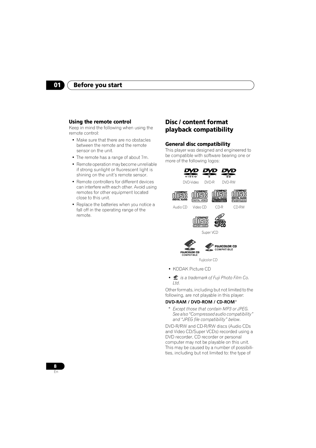 Pioneer DV-566K-s Before you start, Disc / content format playback compatibility, Using the remote control 