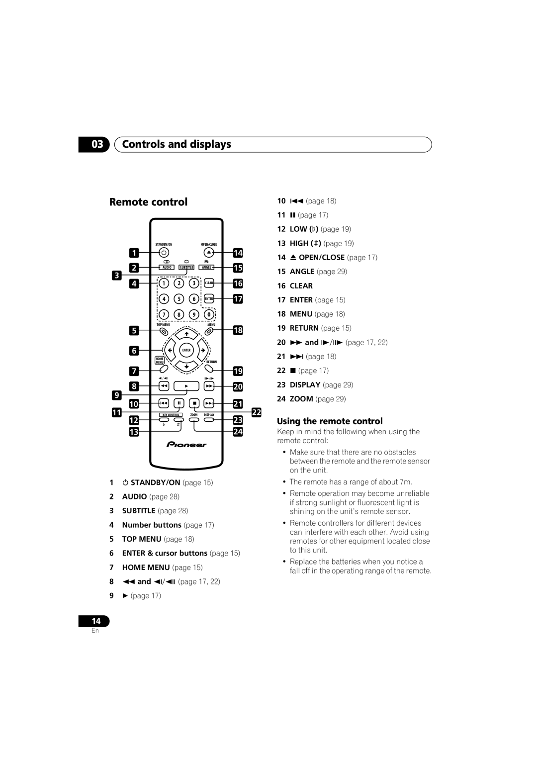 Pioneer DV-575K-s operating instructions Controls and displays Remote control, Using the remote control 