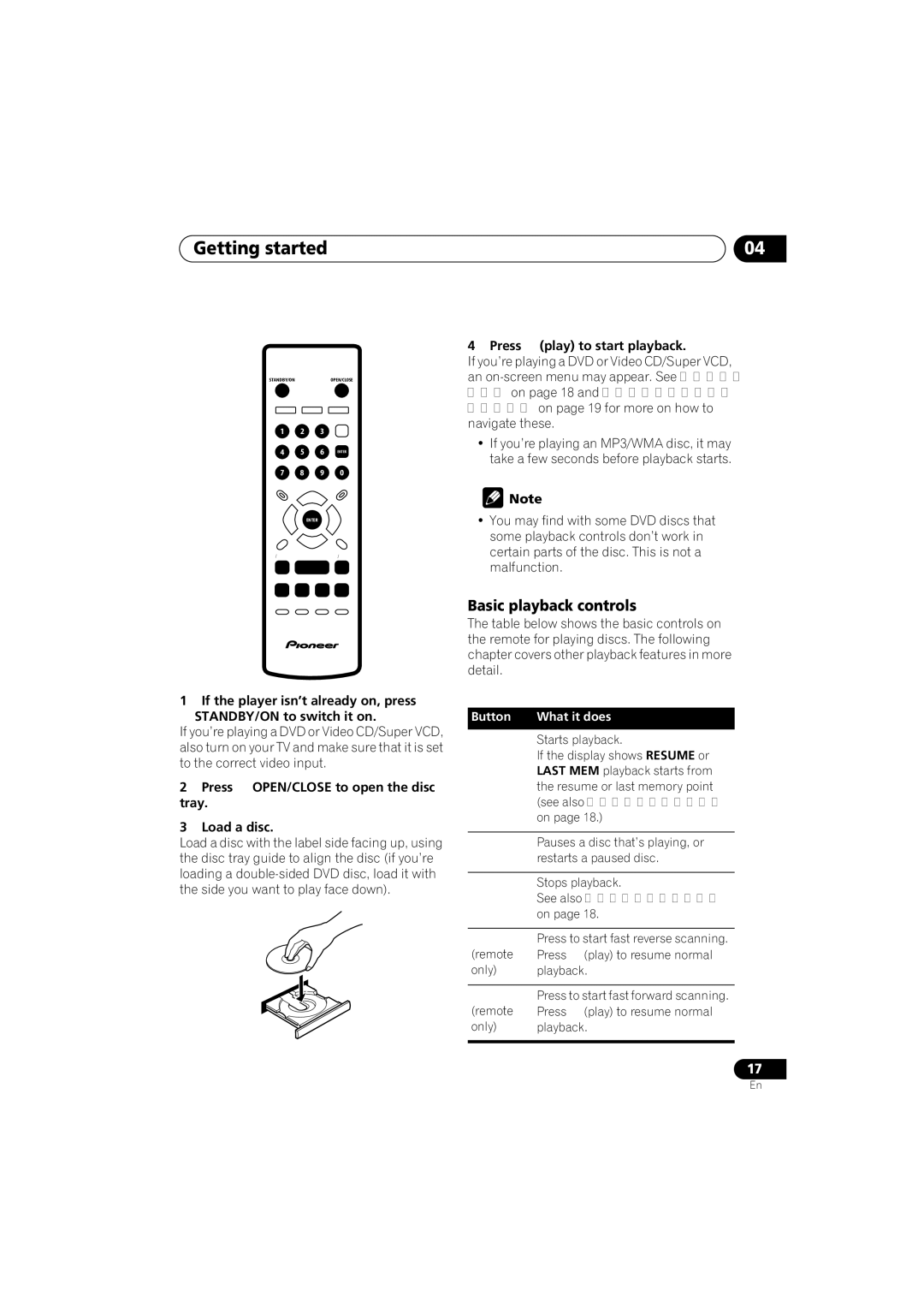 Pioneer DV-575K-s operating instructions Basic playback controls, Press OPEN/CLOSE to open the disc tray Load a disc 