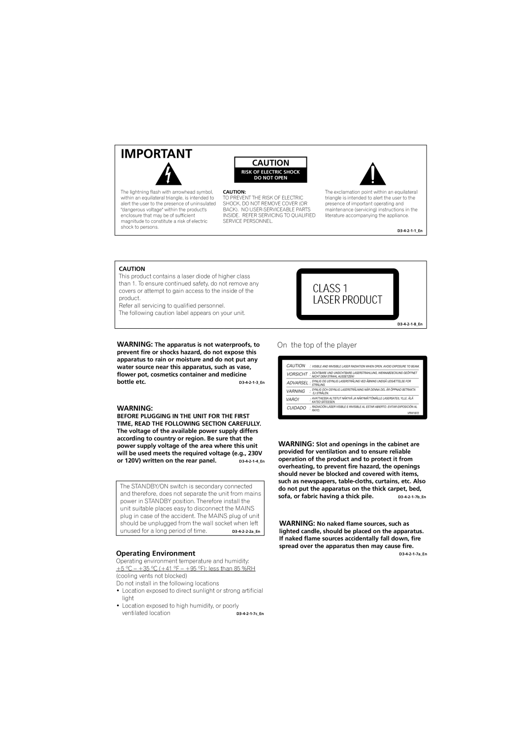 Pioneer DV-575K-s operating instructions Operating Environment, Risk of Electric Shock Do not Open 