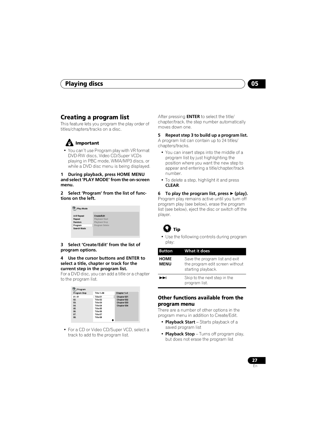 Pioneer DV-575K-s Playing discs Creating a program list, Other functions available from the program menu 