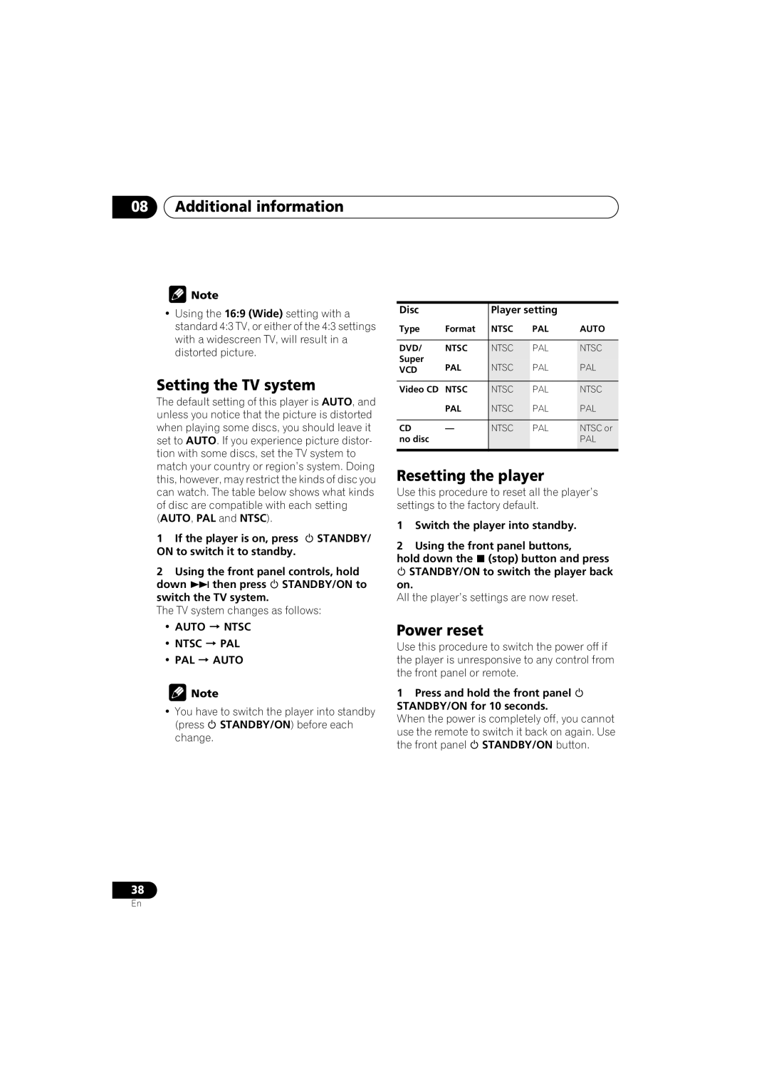 Pioneer DV-575K-s operating instructions Setting the TV system, Resetting the player, Power reset, Pal, Disc Player setting 