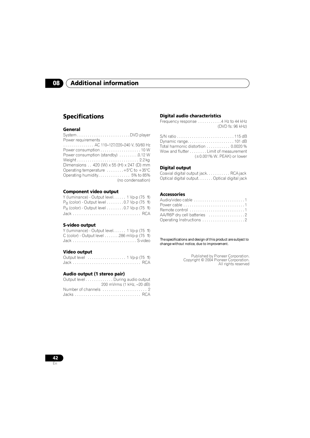 Pioneer DV-575K-s operating instructions Additional information Specifications, General 