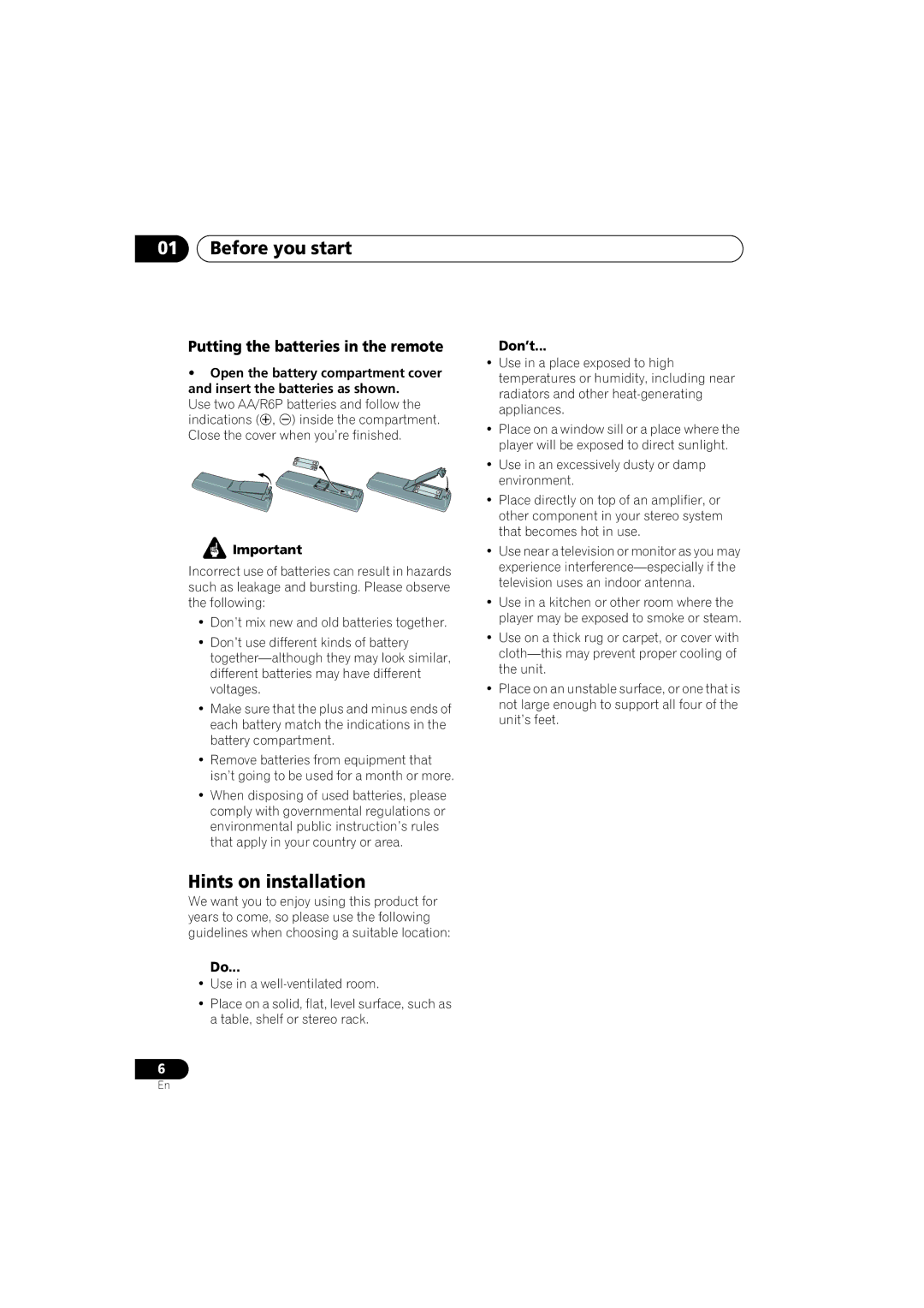 Pioneer DV-575K-s operating instructions Before you start, Hints on installation, Putting the batteries in the remote 