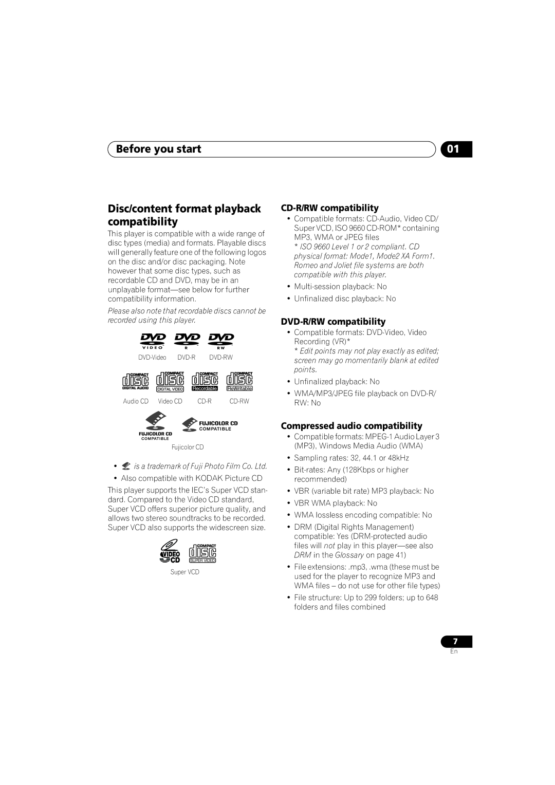 Pioneer DV-575K-s operating instructions Before you start Disc/content format playback compatibility, CD-R/RW compatibility 