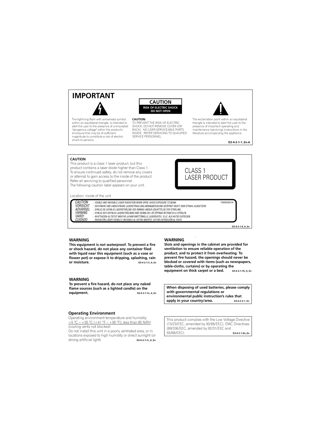 Pioneer DV-585A-S, DV-585A-K operating instructions Operating Environment, Risk of Electric Shock Do not Open 