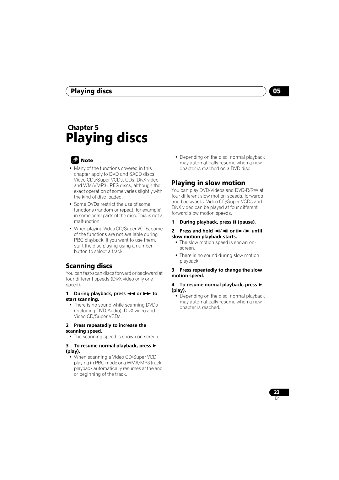 Pioneer DV-585A-K, DV-585A-S operating instructions Playing discs Chapter, Scanning discs, Playing in slow motion 