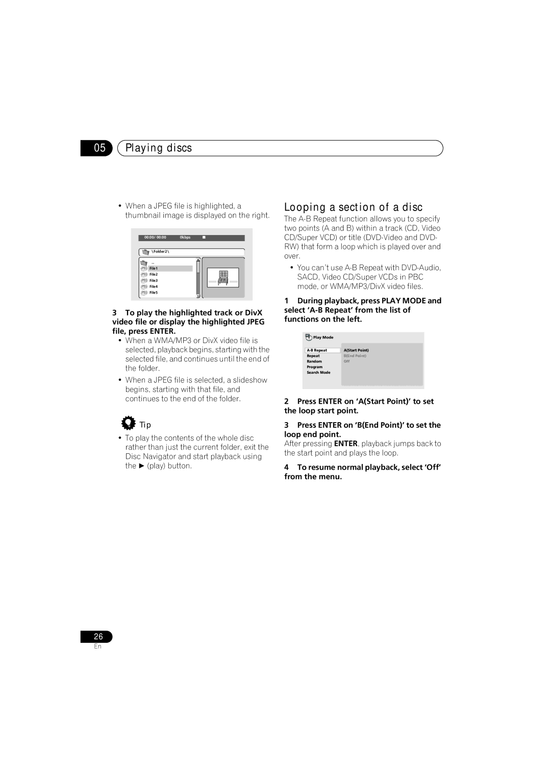 Pioneer DV-585A-S, DV-585A-K Looping a section of a disc, To resume normal playback, select ‘Off’ from the menu 