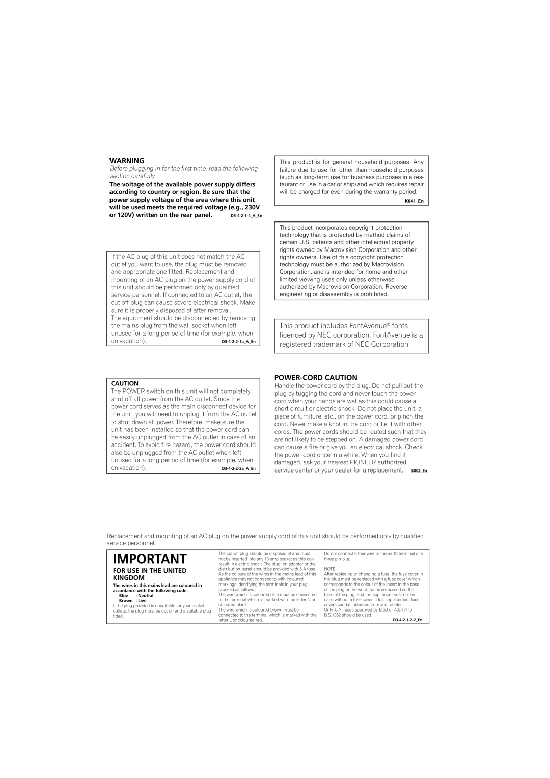 Pioneer DV-585A-K, DV-585A-S operating instructions POWER-CORD Caution 