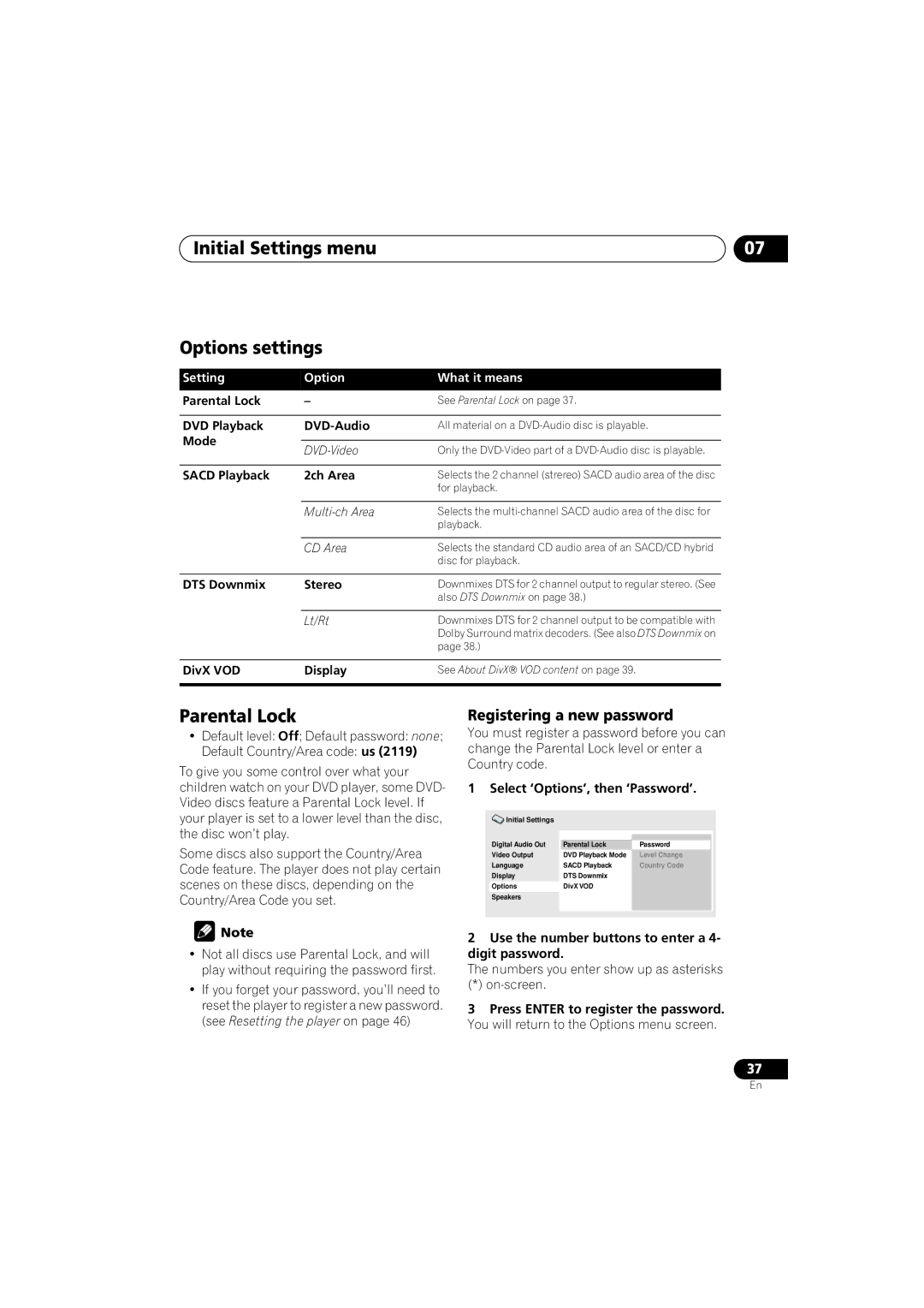 Pioneer DV-585A-K, DV-585A-S Initial Settings menu Options settings, Parental Lock, Registering a new password 