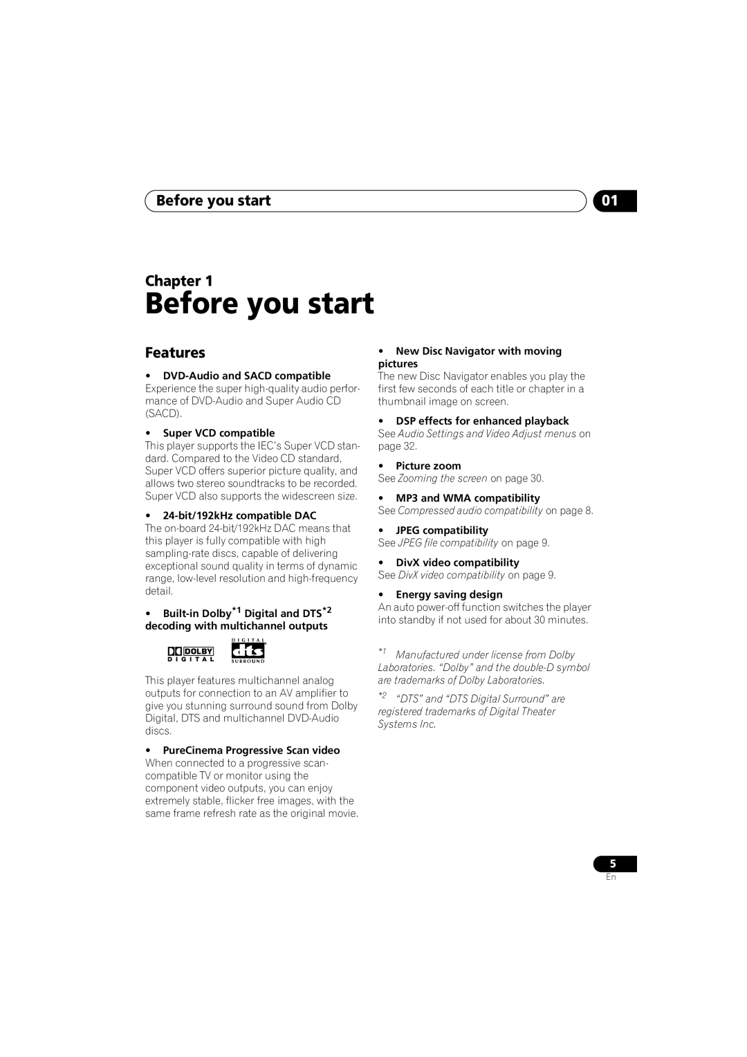 Pioneer DV-585A-K, DV-585A-S operating instructions Before you start Chapter, Features 