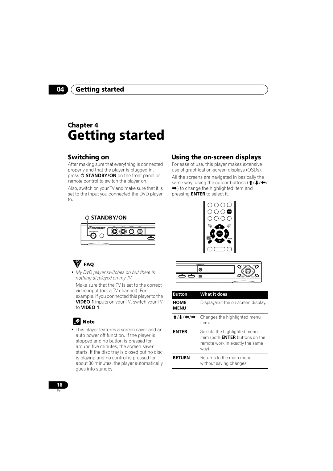 Pioneer DV-585K-s operating instructions Getting started Chapter, Switching on, Using the on-screen displays 