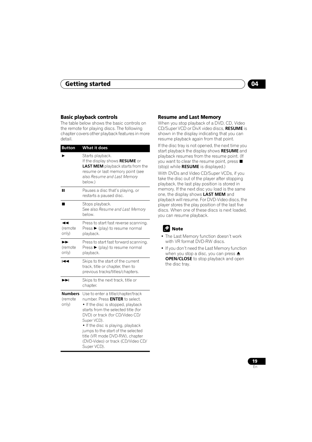 Pioneer DV-585K-s operating instructions Basic playback controls, Also Resume and Last Memory, Numbers 