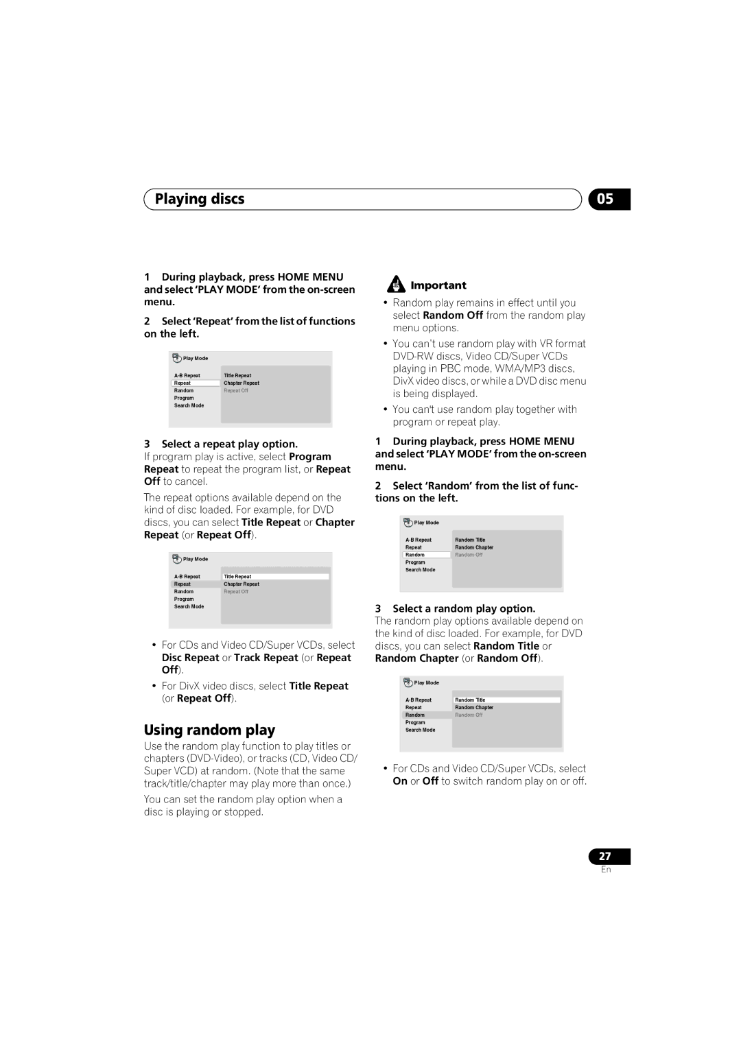 Pioneer DV-585K-s operating instructions Using random play, Select a repeat play option, Select a random play option 