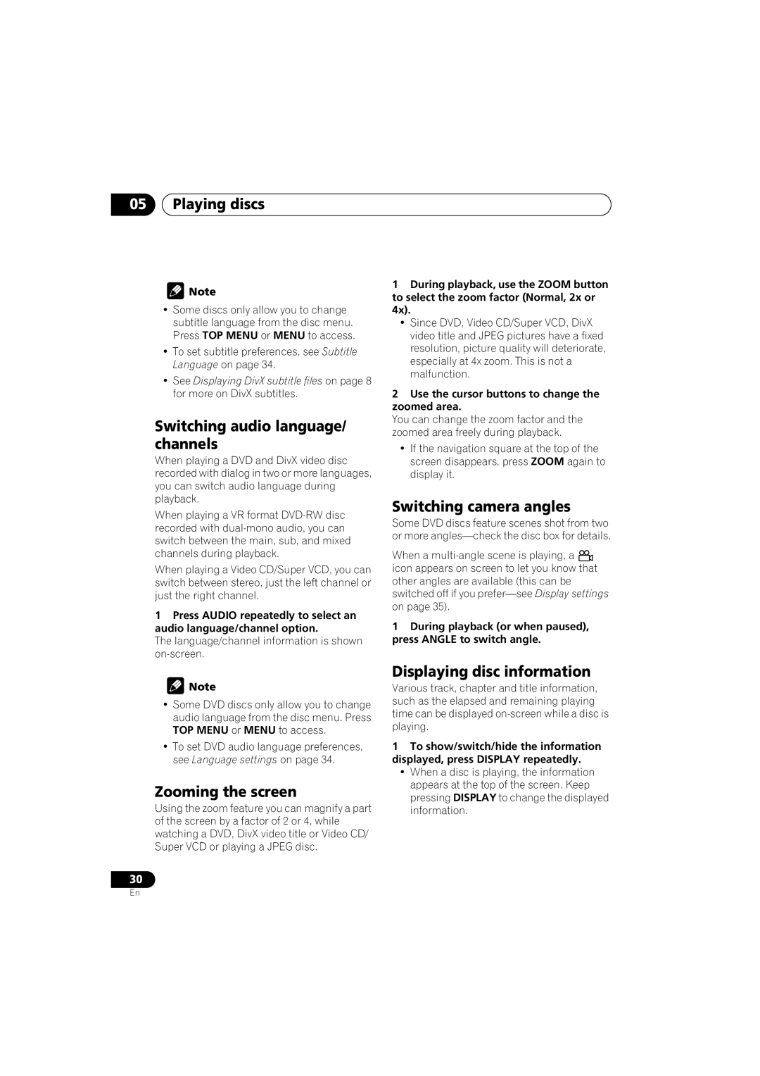 Pioneer DV-585K-s operating instructions Switching audio language/ channels, Zooming the screen, Switching camera angles 