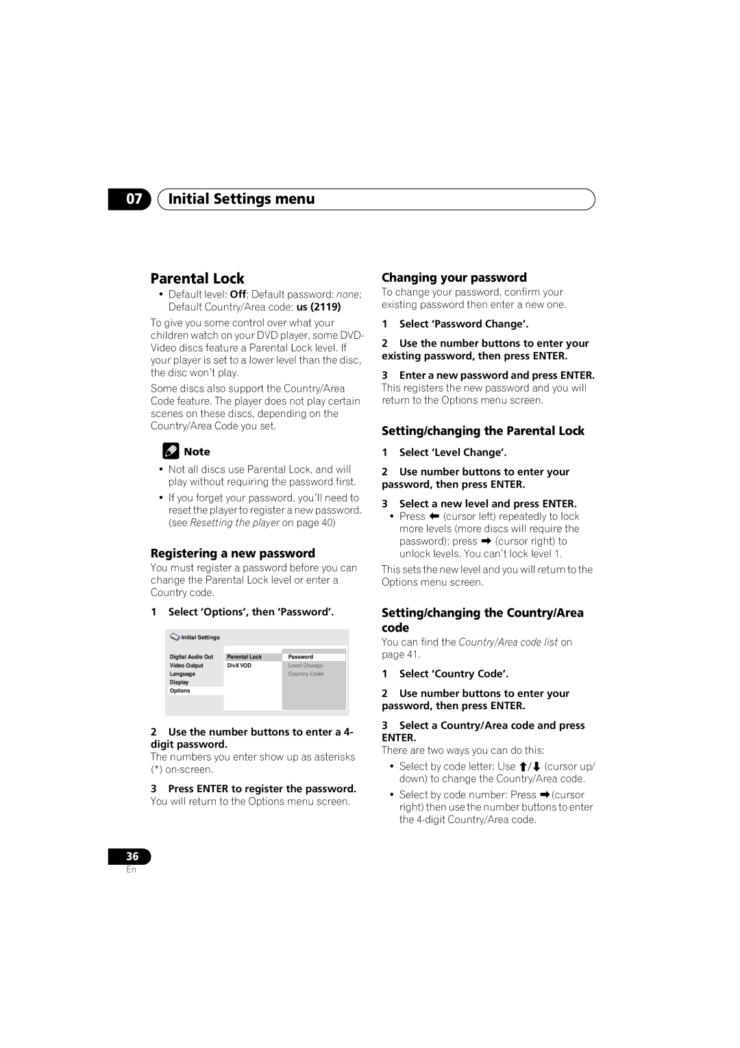 Pioneer DV-585K-s Initial Settings menu Parental Lock, Registering a new password, Changing your password 