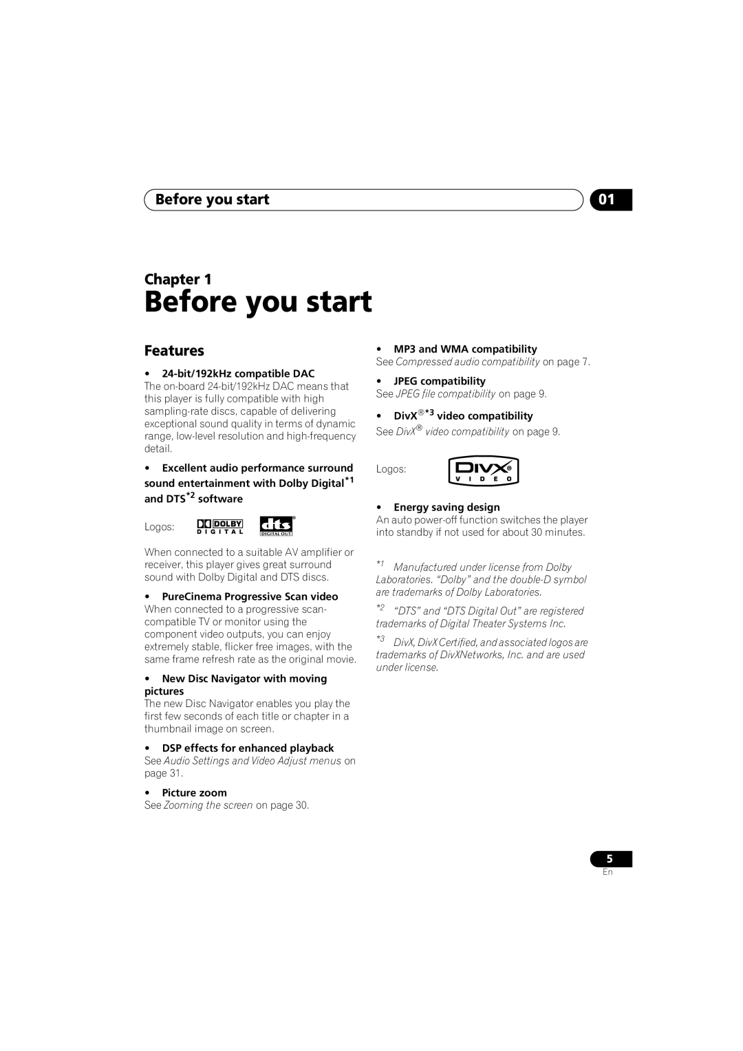 Pioneer DV-585K-s operating instructions Before you start Chapter, Features 