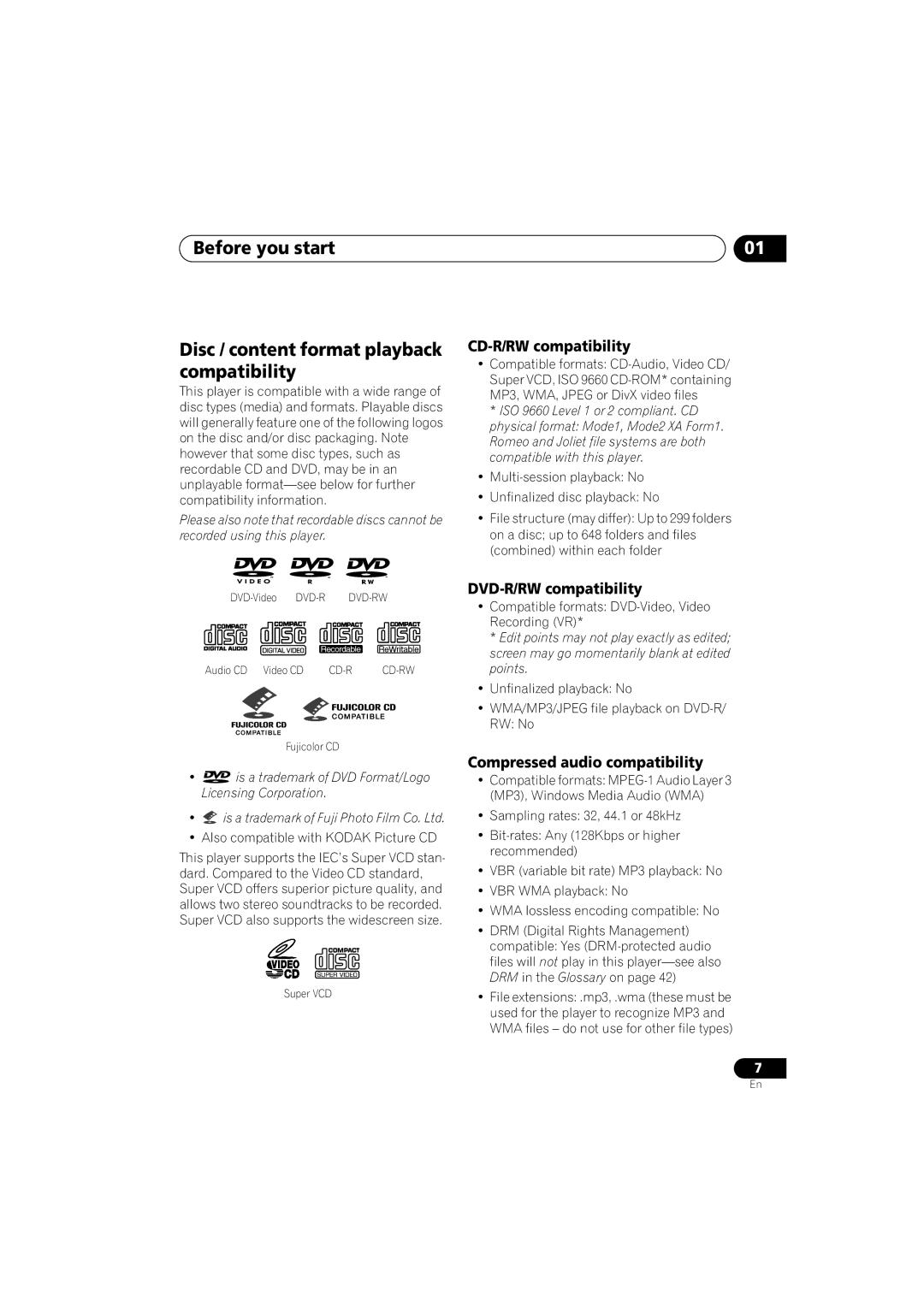 Pioneer DV-585K-s operating instructions CD-R/RW compatibility, DVD-R/RW compatibility, Compressed audio compatibility 