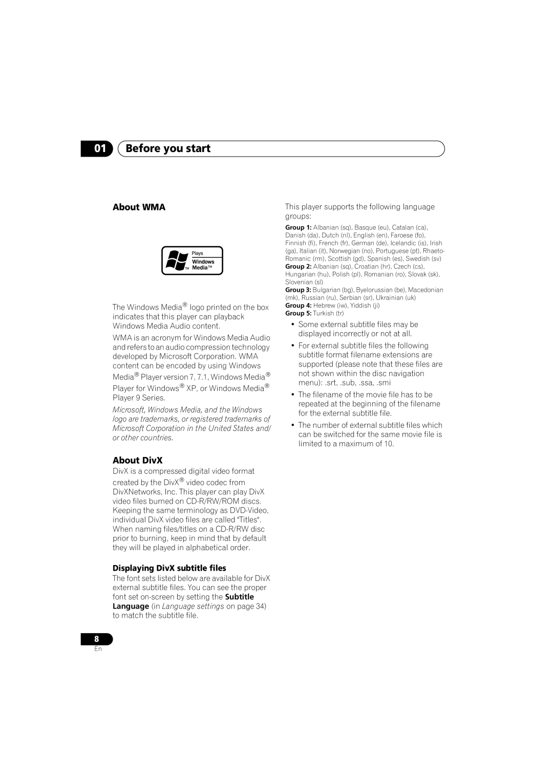 Pioneer DV-585K-s operating instructions Before you start, About WMA, About DivX 