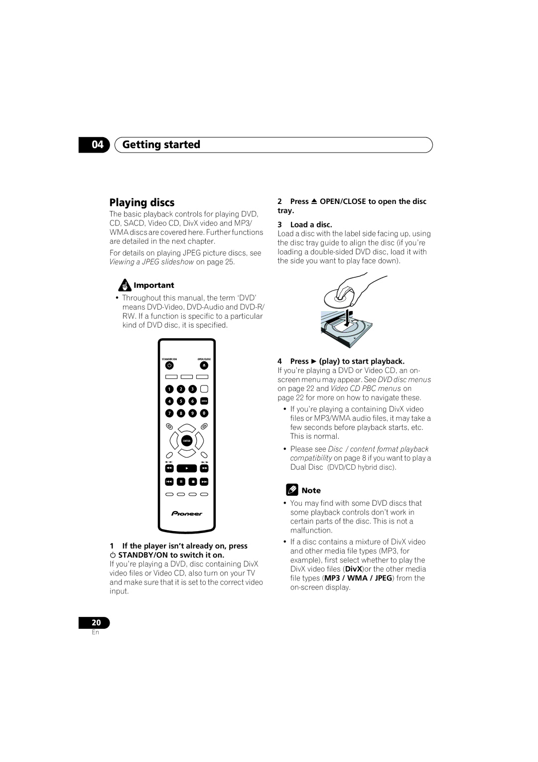 Pioneer DV-588A-S operating instructions Getting started Playing discs, Press OPEN/CLOSE to open the disc tray Load a disc 