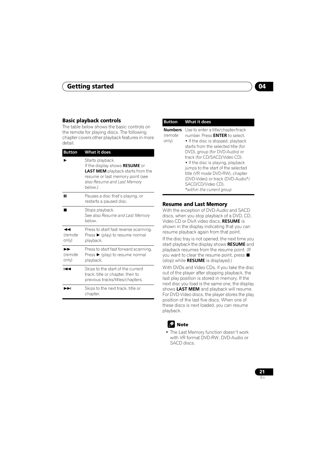 Pioneer DV-588A-S operating instructions Basic playback controls, Resume and Last Memory, Numbers 