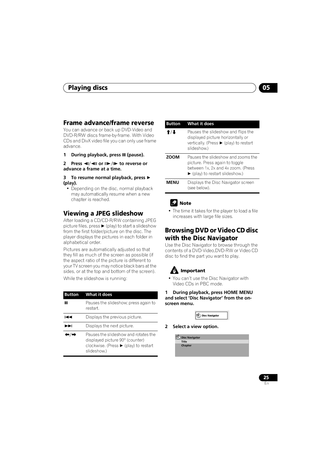 Pioneer DV-588A-S operating instructions Playing discs Frame advance/frame reverse, Viewing a Jpeg slideshow 