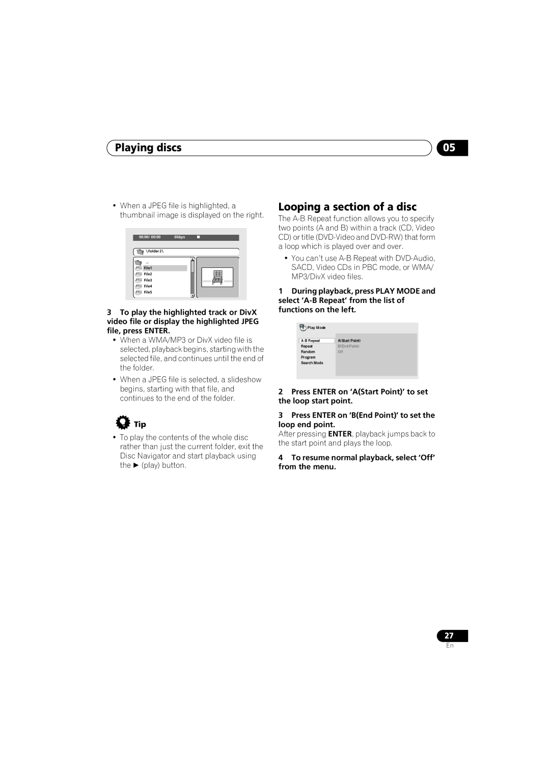 Pioneer DV-588A-S operating instructions Looping a section of a disc, To resume normal playback, select ‘Off’ from the menu 