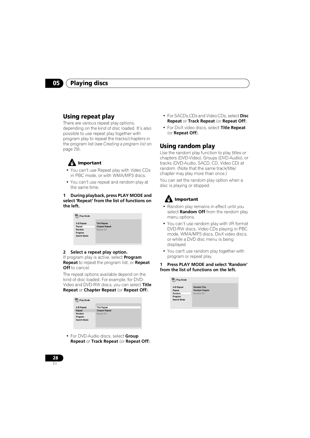 Pioneer DV-588A-S operating instructions Playing discs Using repeat play, Using random play, Select a repeat play option 