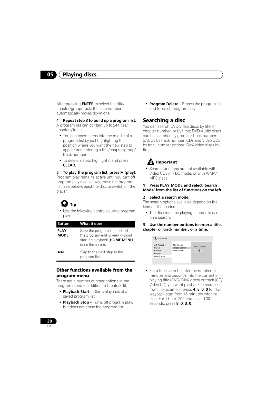 Pioneer DV-588A-S Searching a disc, Other functions available from the program menu, Select a search mode 