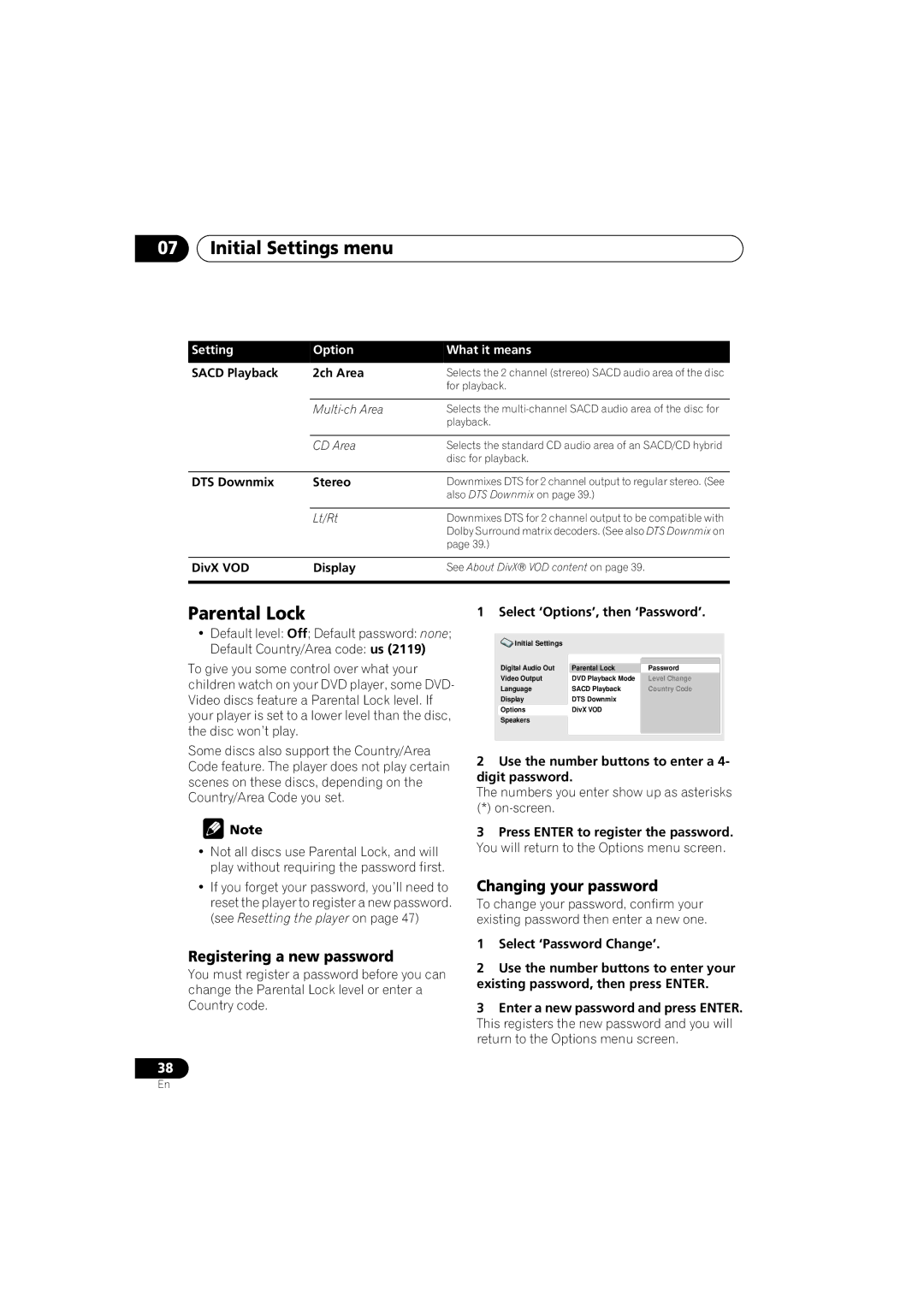 Pioneer DV-588A-S operating instructions Parental Lock, Registering a new password, Changing your password 