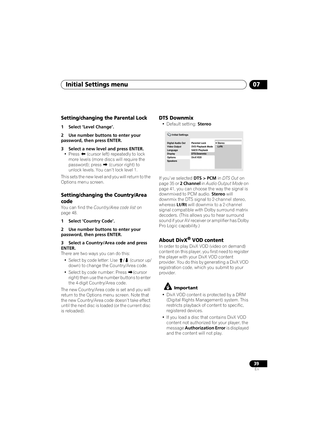 Pioneer DV-588A-S Setting/changing the Parental Lock, Setting/changing the Country/Area code, DTS Downmix 