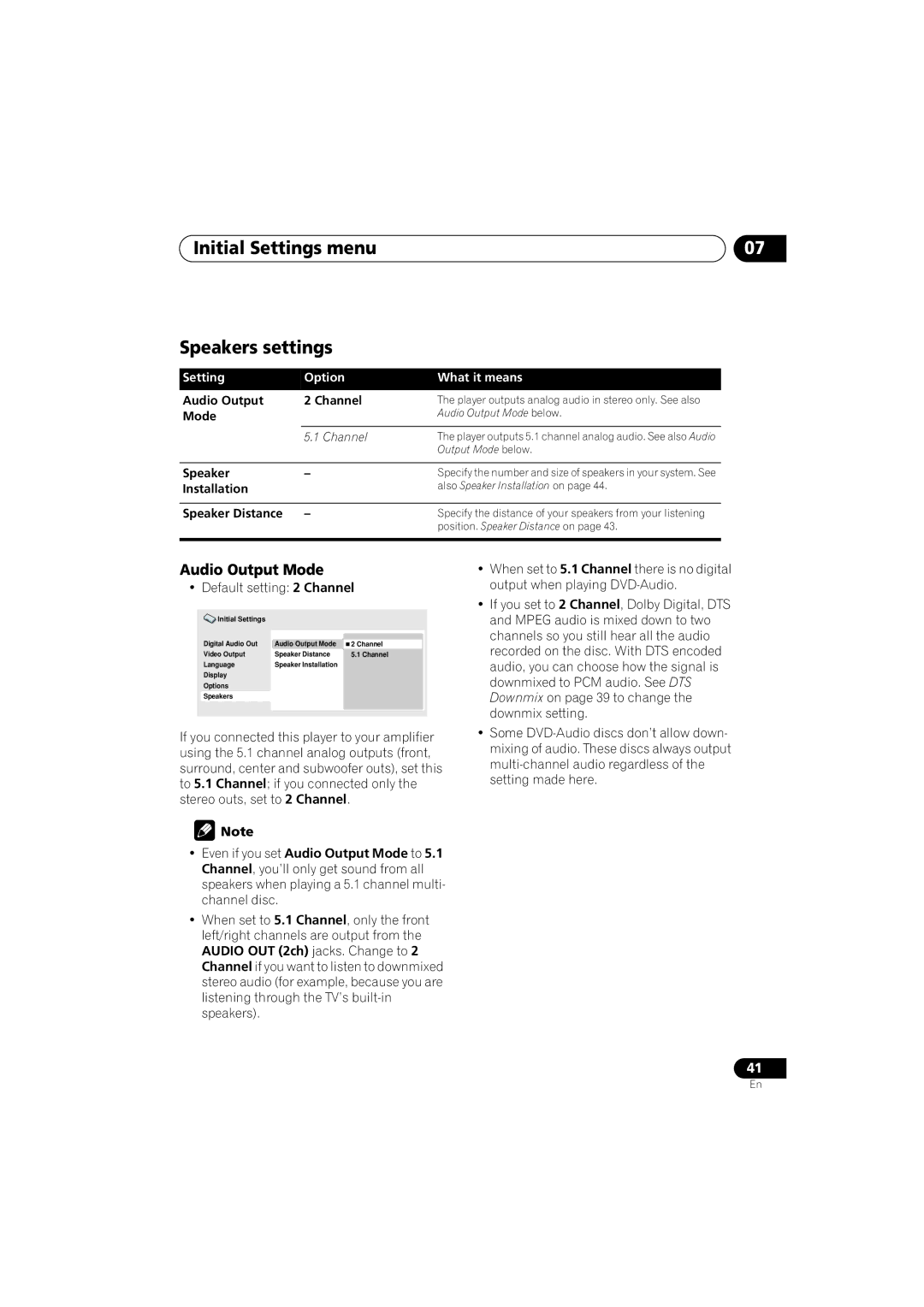 Pioneer DV-588A-S operating instructions Initial Settings menu Speakers settings, Audio Output Mode 