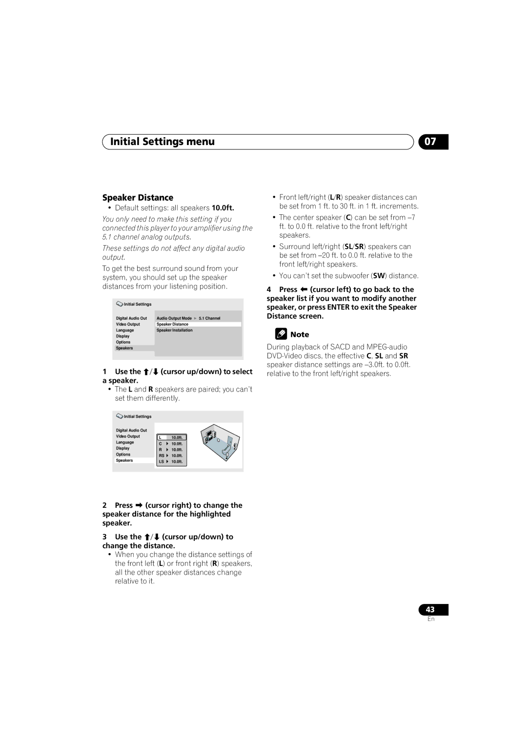 Pioneer DV-588A-S operating instructions Speaker Distance, Use, Speaker distance for the highlighted 