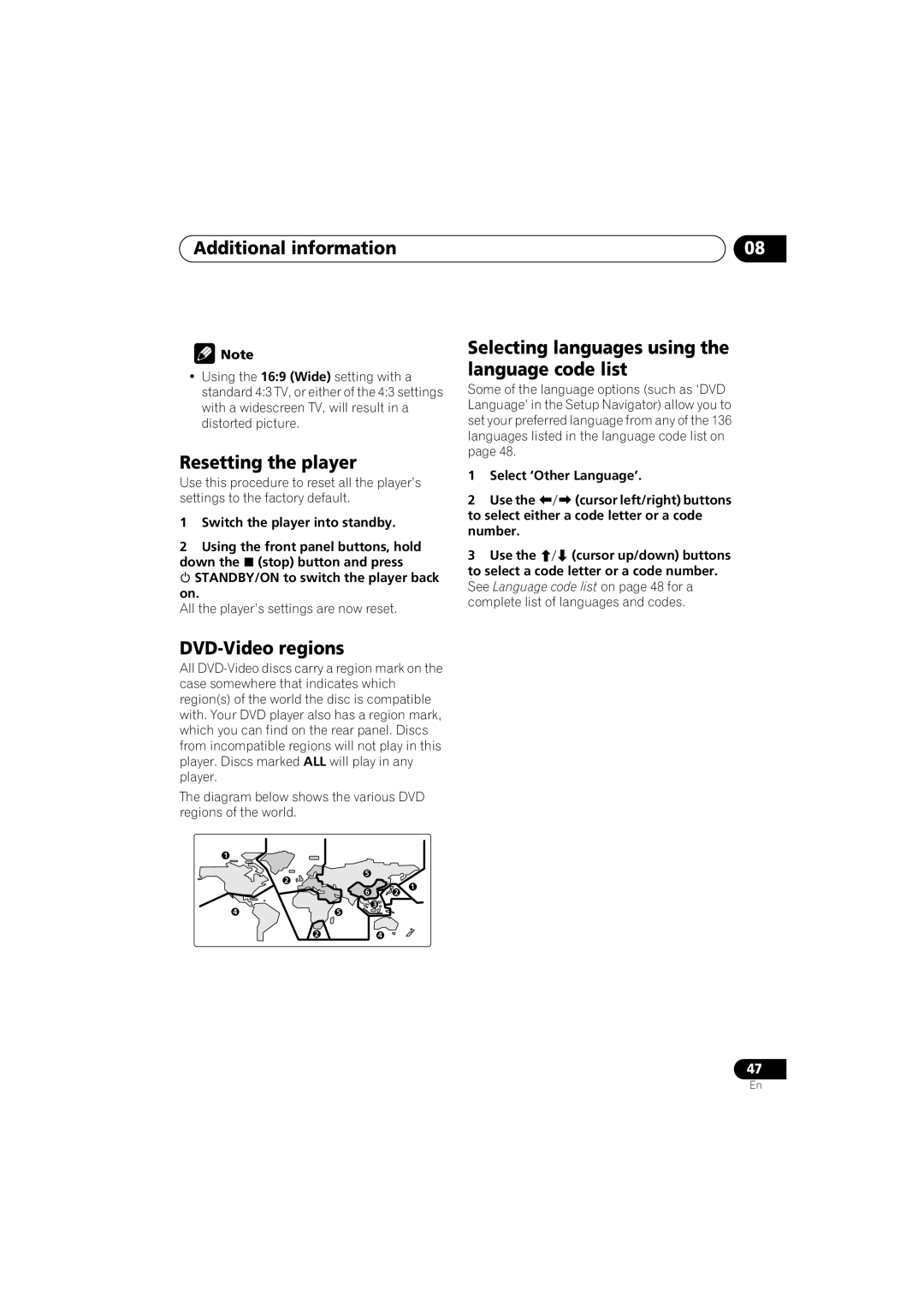 Pioneer DV-588A-S Resetting the player, DVD-Video regions, Selecting languages using the language code list 