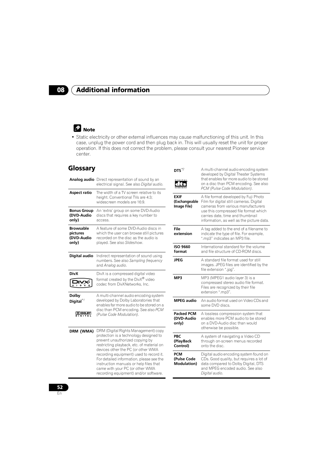 Pioneer DV-588A-S operating instructions Glossary, DivX 