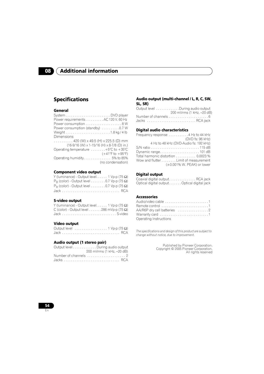 Pioneer DV-588A-S operating instructions Additional information Specifications, General 