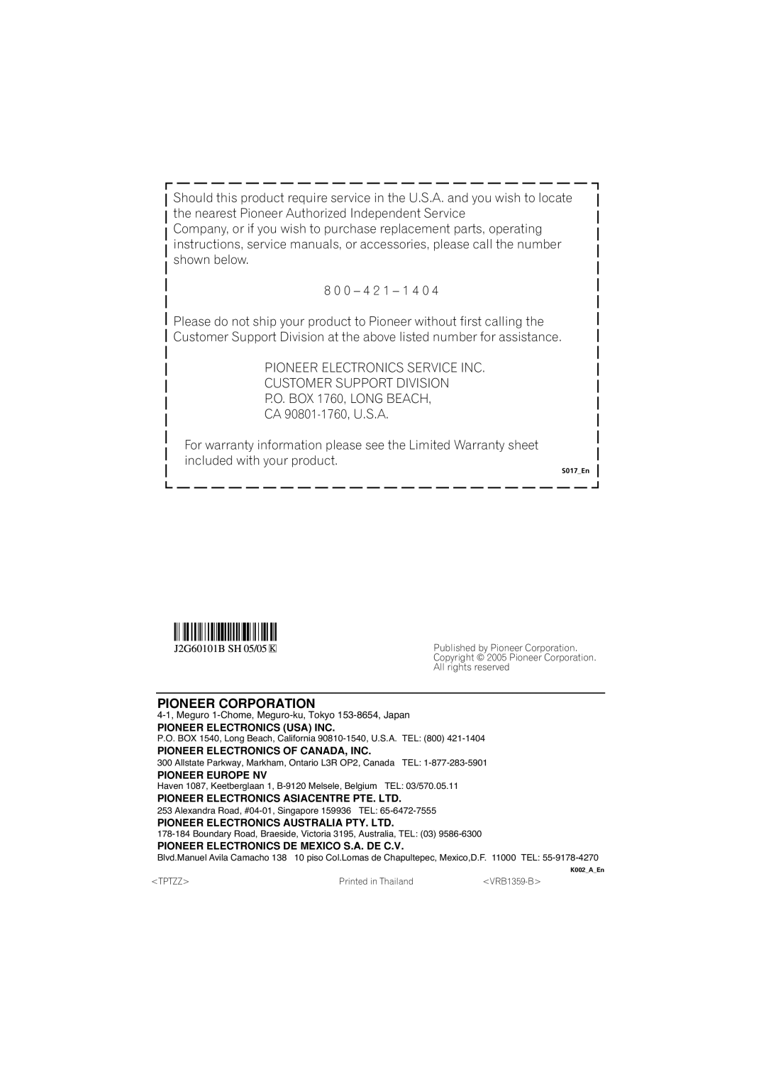 Pioneer DV-588A-S operating instructions Pioneer Corporation 