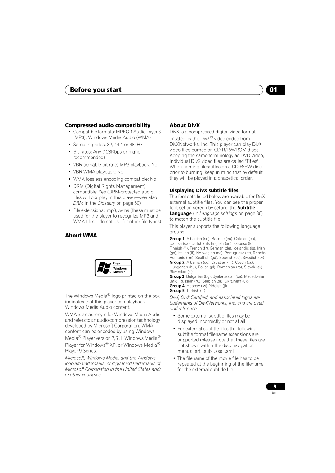 Pioneer DV-588A-S operating instructions Before you start, Compressed audio compatibility, About WMA, About DivX 