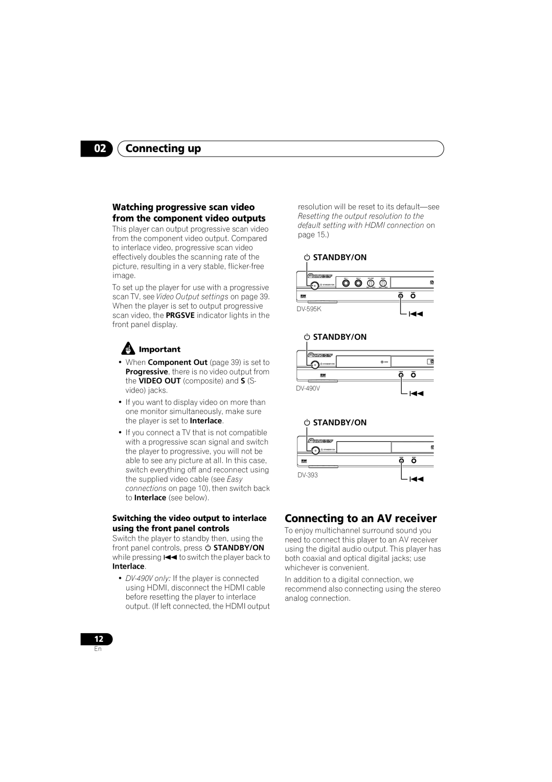 Pioneer DV-595K-S, DV-490V-S operating instructions Connecting to an AV receiver, Interlace 