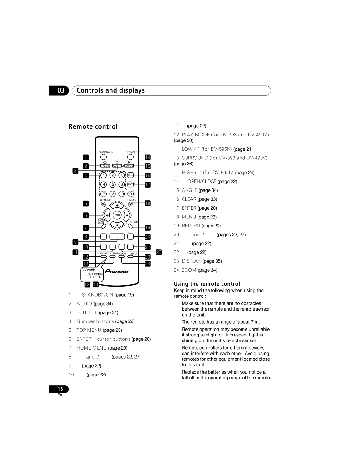 Pioneer DV-595K-S, DV-490V-S Controls and displays Remote control, Using the remote control, Standby/On 